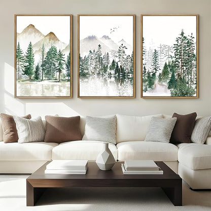 Extra Large Green Forest Mountain Wall Art Watercolor Nature Landscape Framed Wall Decor Boho Pine Tree Painting for Living Room Bedroom Bathroom Office 24x36 Inch Set of 3
