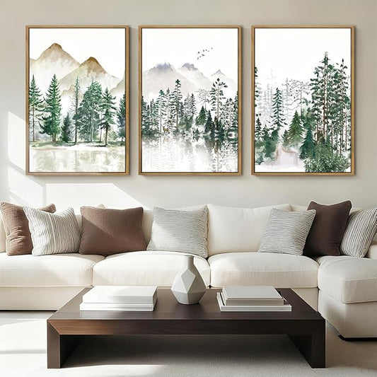 Extra Large Green Forest Mountain Wall Art Watercolor Nature Landscape Framed Wall Decor Boho Pine Tree Painting for Living Room Bedroom Bathroom Office 24x36 Inch Set of 3