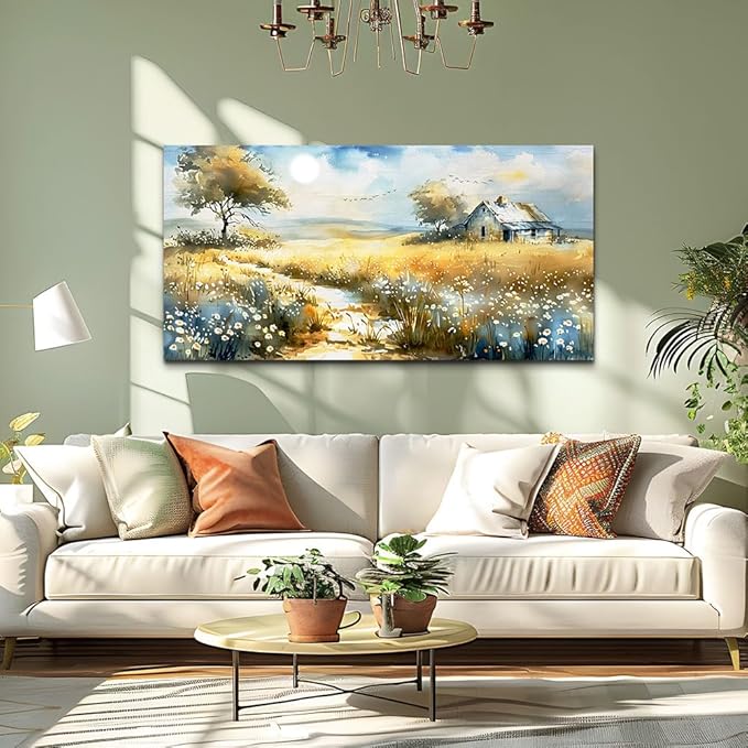 KELIYUAN Wildflower Field Landscape Painting Modern Canvas Print Wall Art Rural Field Mural Artwork Living Room Dining Room Wall Decoation For Bedroom Office Farmhouse Home Decoration 24x48 Inches