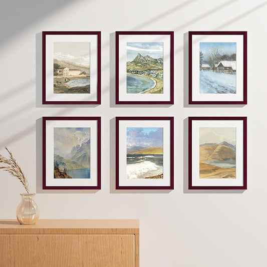 Vittanly 11x14 Picture Frames Set of 9, Display 8x10 Pictures with Mat or 11x14 without Mat, Photo Frames for Wall or Tabletop with Plexiglass, Engineered Wood, Cherry Red