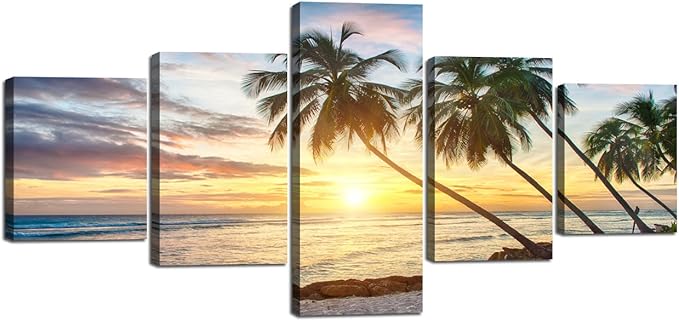 Modern Beach Painting Beautiful Sunset Landscape Ocean Pictures Framed Stretched for Living Room Home Decor Posters and Prints Seascape Wall Art Painting on Canvas 5 Panels (50''W x 24''H)