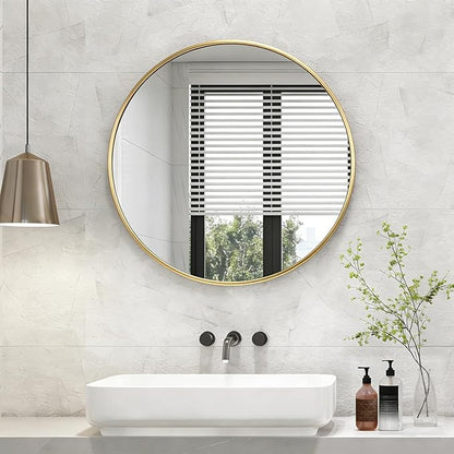 NEWBULIG 36 Inch Round Wall Mirror, Bathroom Mirror for Over Sink, Matte Metal Framed Circle Vanity Mirror, Wall Decor for Bedroom, Entryway, Anti-Rust, Tempered Glass, Hanging or Leaning, Gold