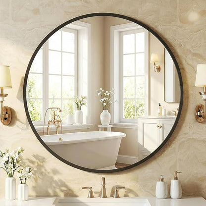 NEWBULIG 30 Inch Round Wall Mirror, Bathroom Mirror for Over Sink, Matte Metal Framed Circle Vanity Mirror, Wall Decor for Bedroom, Anti-Rust, Tempered Glass, Hanging or Leaning, Classic Black