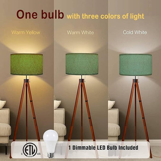 Wood Tripod Floor Lamp Dark sage Green Felt Texture Abstract Modern Standing Lamp Linen Lampshade Dimmable Tall Lamp Mid Century Floor Lamp for Living Room Bedroom
