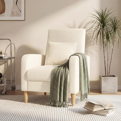 COLAMY Mid-Century Modern Upholstered Accent Chair with Back Pillow & Solid Wood Legs, Fabric Cozy Armchair for Living Room, Bedroom, Reading Nook, Apartment & Small Spaces, White