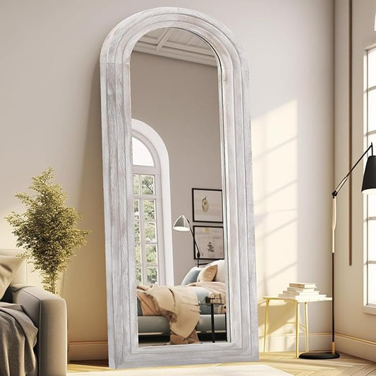 ZHUNFA Arched Full Length Mirror with Solid Wood Frame, 65x22 Farmhouse Wall Mirror Full Length with Stand, Vertical Hanging, Leaning Standing for Bedroom, Living Room, Rustic White