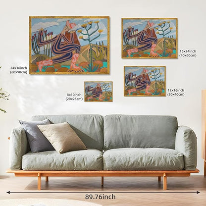 Large Gold Framed Abstract Western Cowboy Wall Art Cowgirl Canvas Print Midcentury Landscape Posters Modern Folk Botanical Painting Pictures California Artwork for Bedroom Home Decor 24x36inch