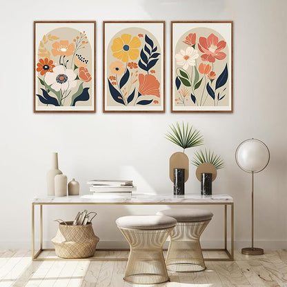 KAIRNE Boho Canvas Wall Art,Abstract Floral Wall Decor,Modern Minimalist Prints Set of 3(24”X36”),Botanical Wall Art Paintings,Bohemian Mid Century Artwork for Living Room Bedroom Office Decor,Framed