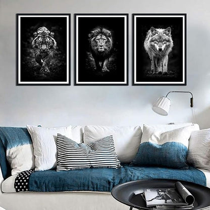 Wildlife Predator Framed Canvas Wall Art Black and White Tiger Lion Wolf Portrait Picture Wall Decor Majestic Animals Print Artwork for Country House Office Decoration Easy to Hand 16x24inchx3pcs