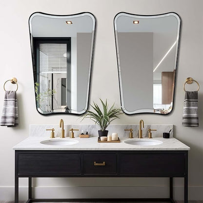 POZINO Irregular Beveled Mirror, 24"x40" Bathroom Vanity Mirrors for Over Sink, Butterfly Shape Aesthetic Mirrors Decorative, Matte Black Modern Wall Mirror for Living Room Bedroom Fireplace Entryway