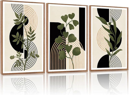 KAlRNE Boho Botanical Framed Canvas Wall Art Set of 3(16”X24”),Abstract Wall Decor,Minimalist Sage Green Picture Photography Geometric Line Black Art Prints For Living Room Bedroom Office