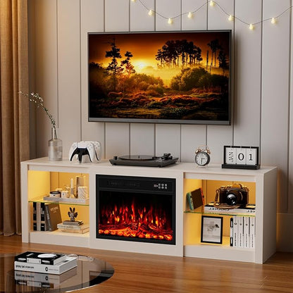 Kucreiheat 70'' TV Stand Fireplace-Entertainment Center with 23'' Fireplace, LED Light for 80 inch TV-White Fireplace Stand with Adjustable Glass Shelves, Modern TV Console for Living Room/Bedroom