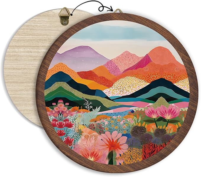 Boho Colorful Landscape Hanging Wall Decor, Abstract Mountain Round Wooden Wall Art, Nature Floral Western Boho Decorations for Aesthetic Apartment Home Living Room Bedroom Bathroom Kitchen Office, 16