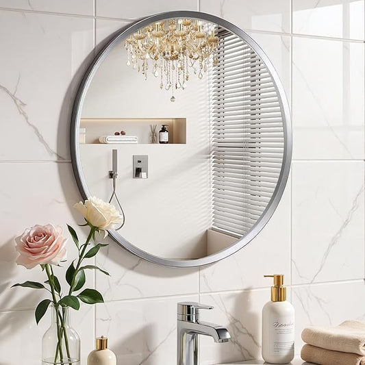 Brushed Black Large Round Bathroom Mirror for Wall, 24 inch Large Black Circle Mirror for Wall, New Frame Design, Tempered Glass,Wall Mounted Circle Mirror for Vanity, Entryway, Bedroom