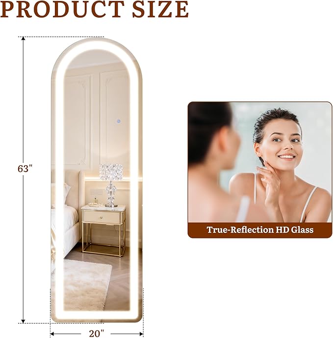 Full Length Mirror with LED Lights, 63"×20" Floor Mirror with Stand, Full Body Mirror with 3 Color Lighting Modes, Wall Mounted Mirror with Brighter Lighting Strip for Bedroom/Dressing Room