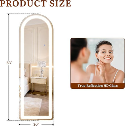 Full Length Mirror with LED Lights, 63"×20" Floor Mirror with Stand, Full Body Mirror with 3 Color Lighting Modes, Wall Mounted Mirror with Brighter Lighting Strip for Bedroom/Dressing Room