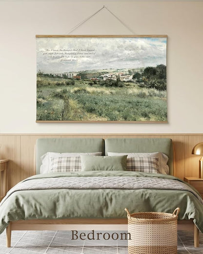 InSimSea 36x54 Large Canvas Scroll Christian Wall Art, Bible Verse Village Summer Green Landscape Decor, Inspirational Religious Oil Painting for Living Room, Prayer Room, Church