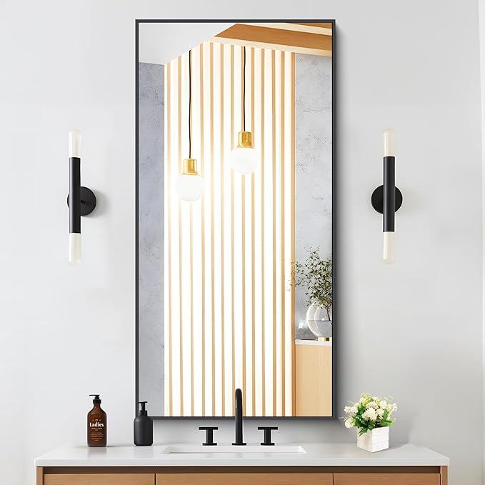 DESBING Black Bathroom Mirror for Wall, 24x48 Inch Rectangle Mirrors with Metal Frame, Modern Vanity Wall Mirror Decor for Entryway Hangs, Bathroom Living Room Horizontal or Vertical