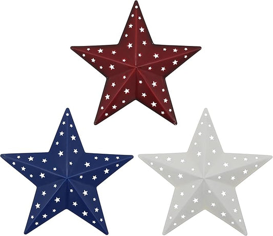 CVHOMEDECO. Primitives Rustic Gifts American Flag Stars Punched Metal Barn Stars for Wall/Wreaths/Twigs Decor, 6 Inch, Set of 3