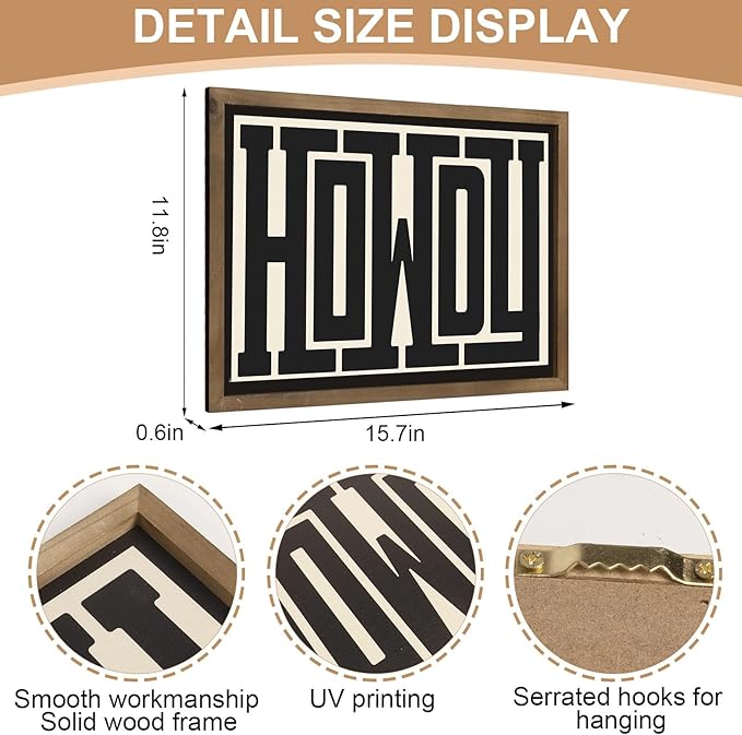 Howdy Wall Art, 15.7x11.8 Inchs Wooden Howdy Sign Western Cowboy Wall Decor, Southwestern Living Room Bedroom Bathroom Home Decorations