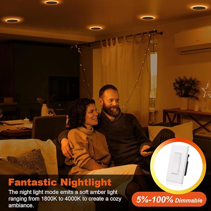 ZYC Canless LED Recessed Lighting 4 Inch 6 Pack 5CCT Ultra-Thin Downlight Lights with Night Light Mode,9W 800LM Dimmable Retrofit Wafer Recessed Ceiling Light,1800K to 6000K