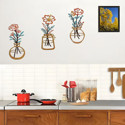 Metal-Wall-Decor Living Room - 3 Pcs Metal Bathroom Wall Art Floral Vase and Picture Frame for Decoration- Hanging Display Wall Decor Art for Home Dining Room Bedroom Kitchen Farmhouse,Orange