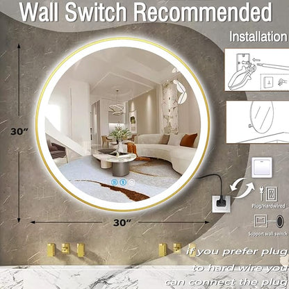 30 Inch Gold Bathroom Round LED Mirror with Lights Gold Frame Round Lighted Mirror for Bathroom Wall Round Vanity Lighted Mirrors 3 Color Dimmable Anti Fog Bathroom Circle Light up Smart Mirror