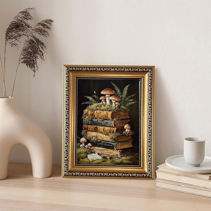 WZGZXU Vintage Gold Framed Wall Art Botanical Wall Decor Dark Academia Canvas Art Cottagecore Stack Books Pictures Gothic Prints Moody Paintings For Bedroom Study Room Library 8x10in