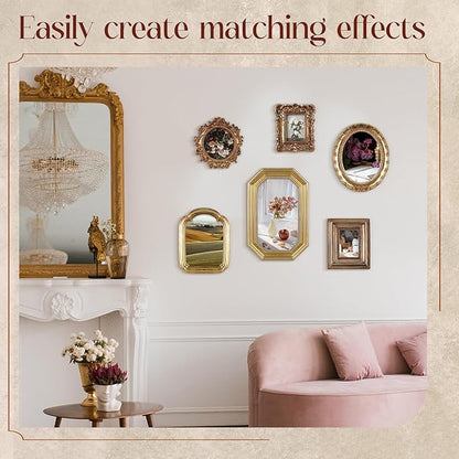 Wonderjune 7 Pcs Vintage Picture Frames Set with Glass Front Antique Gold Gallery Wall Frames 7x9 6x8 5x7 4x6 2x3, Baroque for Home Decor Photography Props Gifts, Wall or Tabletop (Classical)