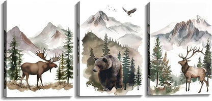 Woodland Animal Canvas Wall Art 3 Piece - Moose Elk Bear in Forest Picture Vintage Painting Rustic Farmhouse Wildlife Prints Home Wall Decor Framed(Art-3,12.00"x16.00"x3P)
