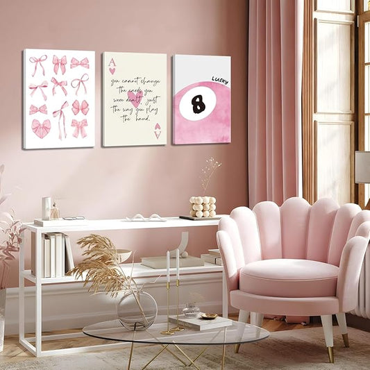 Trendy Pink Bows Canvas Wall Art Set of 3, Vintage Preppy Lucky 8 Ball Wall Decor, Pink Girly Room Aesthetic Posters Prints Painting for College Apartment Living Room Bedroom Framed 12x16 In