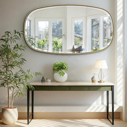 POZINO Gold Beveled Mirror, 28"x48" Modern Rounded Rectangle Mirrors, Large Brass Oval Mirrors, Oblong Vanity Wall Mirror for Bedroom Living Room Entryway Fireplace, Hangs Horizontal Or Vertical