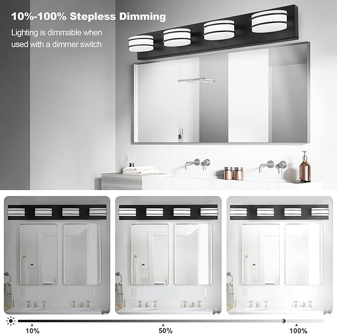 GOODATE 3 Color Temperature Dimmable Bathroom Light Fixtures Over Mirror, LED Black 4 Light Vanity Lighting Fixtures, Acrylic Stainless Steel Oval Shade Vanity Lights for Bathroom, ETL Certificated