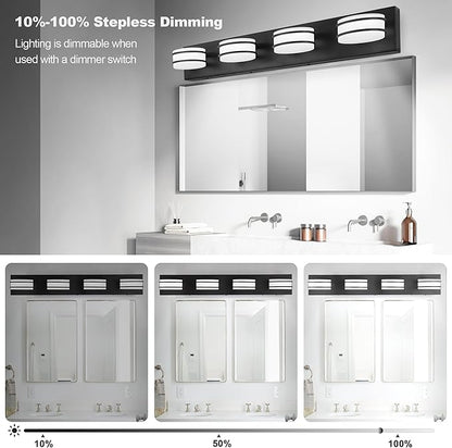 GOODATE 3 Color Temperature Dimmable Bathroom Light Fixtures Over Mirror, LED Black 4 Light Vanity Lighting Fixtures, Acrylic Stainless Steel Oval Shade Vanity Lights for Bathroom, ETL Certificated