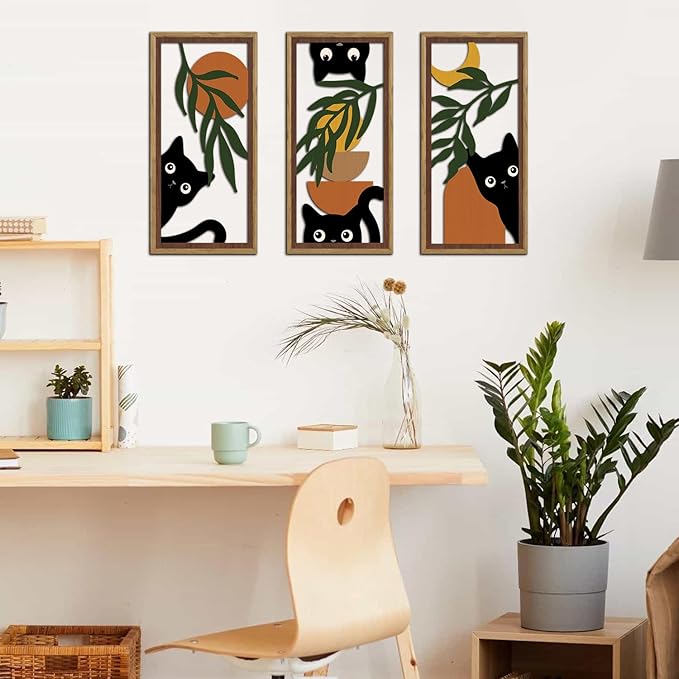 KAIRNE Boho Black Cat Wall Art,Green Leaves Wood Wall Decor Set of 3(16”X8”),Farmhouse Geometric Wooden Cat Wall Decor,Mid-Century Bohemian Moon Sun Design for Friends Family Bedroom Living Room Decor