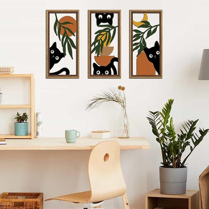 KAIRNE Boho Black Cat Wall Art,Green Leaves Wood Wall Decor Set of 3(16”X8”),Farmhouse Geometric Wooden Cat Wall Decor,Mid-Century Bohemian Moon Sun Design for Friends Family Bedroom Living Room Decor