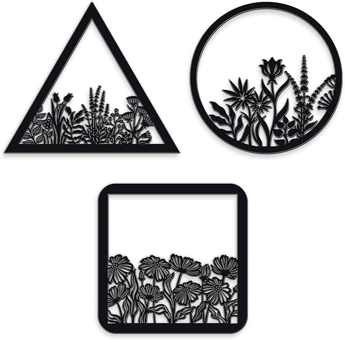 Blulu 3 Pieces Wall Art Wood Wall Pediments Sacred Boho Art Wooden Floral Decor Minimalist Floral Hanging Flower Artwork for Home Dining Room(10 Inch,Dark Black)