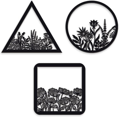 Blulu 3 Pieces Wall Art Wood Wall Pediments Sacred Boho Art Wooden Floral Decor Minimalist Floral Hanging Flower Artwork for Home Dining Room(10 Inch,Dark Black)