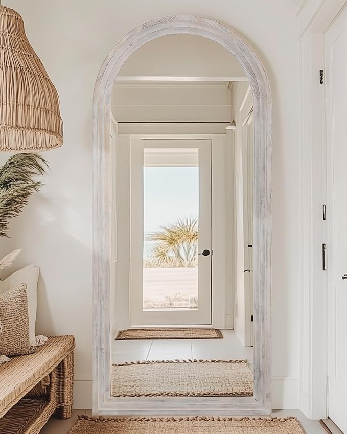 Full Length Mirror, 71"x32" Wooden Mirror Full Length with Stand Wood Floor Mirror, Oversized Stand Up Mirrors Large Wall Mirrors, Wall Mounted Mirrors, Arched Wood Style, White