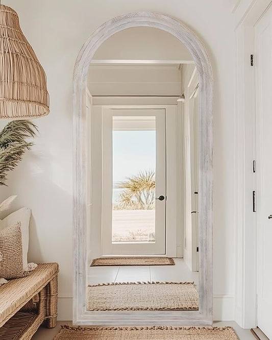Full Length Mirror, 71"x32" Wooden Mirror Full Length with Stand Wood Floor Mirror, Oversized Stand Up Mirrors Large Wall Mirrors, Wall Mounted Mirrors, Arched Wood Style, White