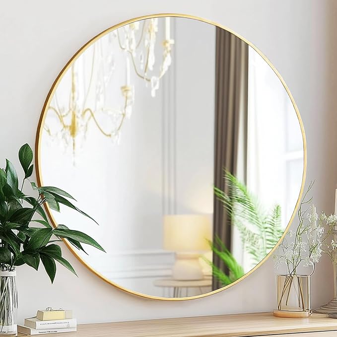 Sunniry Gold Round Mirror 16 inch, Small Round Mirror, Gold Circle Mirrors, Brushed Metal Frame Circle Mirrors for Bathroom, Bedroom, Vanity, Wall Decor.