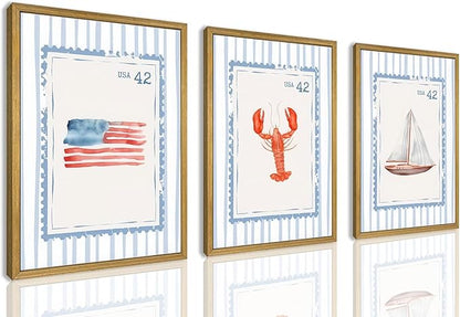 Wood Framed Blue Beach Stamp Set of 3 Canvas Poster Coastal Granddaughter Room Wall Art Decor Vintage Preppy Aesthetic Prints Artwork for Girly Dorm Apartment Ocean Home Decoration 12x16 Inch