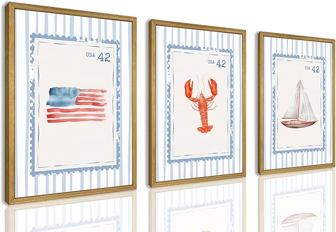 Wood Framed Blue Beach Stamp Set of 3 Canvas Poster Coastal Granddaughter Room Wall Art Decor Vintage Preppy Aesthetic Prints Artwork for Girly Dorm Apartment Ocean Home Decoration 16x24 Inch