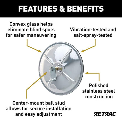 RETRAC 610673 8-Inch Stainless Steel Center-Mount Convex Mirror Head with J-Bracket, Universal Driver or Passenger Side
