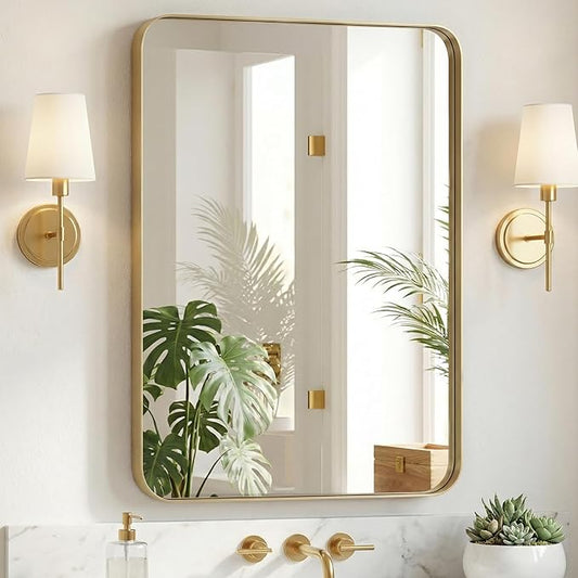 Sweetcrispy Bathroom Wall Mirror, 40x30 Inch Wall Mount Mirror for Over Sink, Modern Rounded Rectangle Vanity Mirror with Matte Metal Framed, for Home Decor, Living Room, Bedroom, Gold