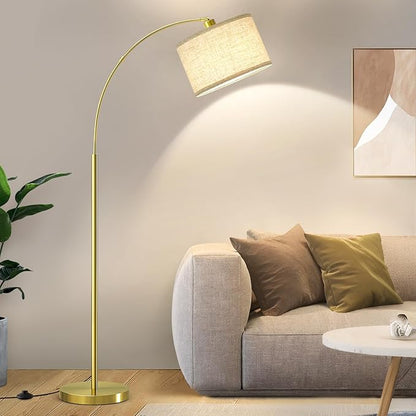 Luvkczc Arc Floor Lamp, 71" Tall Standing Lamp with On/Off Foot Switch, Gold Floor Lamp for Living Room with Adjustable Drum Lampshade, Over Couch Arched Reading Light for Reading, Bedroom, Office