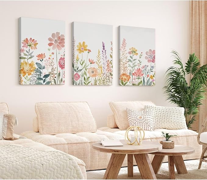 Watercolor Wildflower Wall Art Decor Colorful Flower Pictures Canvas Floral Botanical Wall Art Vintage Prints Poster Floral Painting Artwork for Living Room Bedroom 12x16 Inch Framed Set of 3