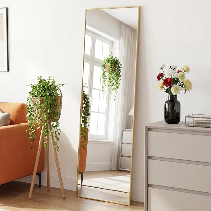 Sweetcrispy 56"x15" Full Length Mirror, Full Body Mirror with Aluminum Alloy Thin Frame, Leaning or Standing, Suitable for Bedroom, Livingroom, Cloakroom, Gold