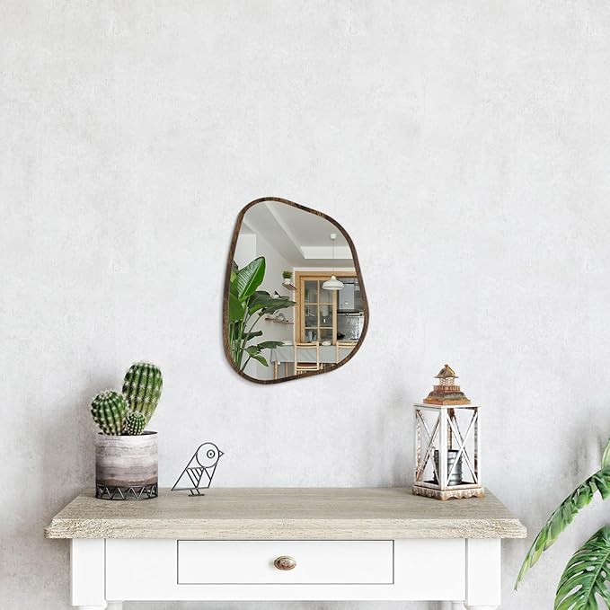 Asymmetrical Mirror Irregular Oval Wall Mirror Modern Wood Frame Unique Shape Wall Mounted Vanity Artistic Mirror Decorative for Living Room Bedroom Bathroom Entryway Hallway 14"x10"