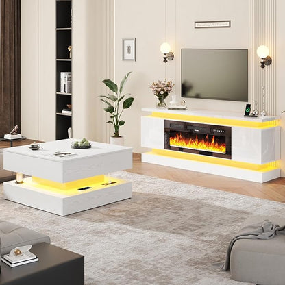 chartustriable 71IN LED TV Stands w/40 inch Fireplace Power Outlet for 85/80/75 Inch TVs,High Glossy Modern TV Media Console Gaming with 2 Storage Cabinets,Dual LED Lights,White